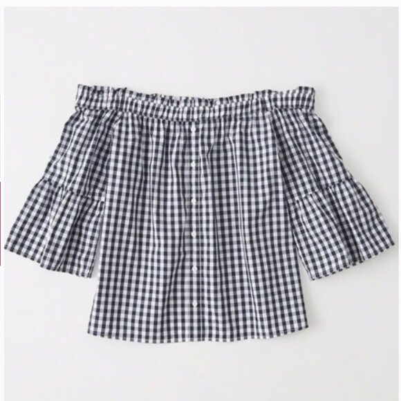 Abercrombie & Fitch Off Shoulder Gingham Top Navy White S - Picture 3 of 10